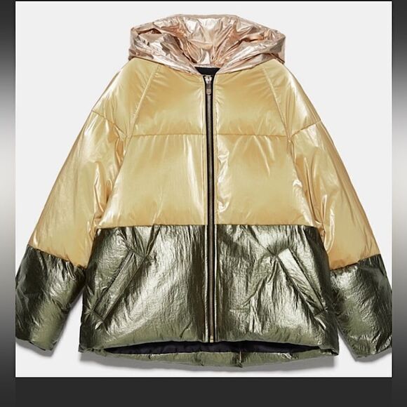 NWT Zara Golden Color-block Puffer Jacket Sz. XS - Picture 1 of 11
